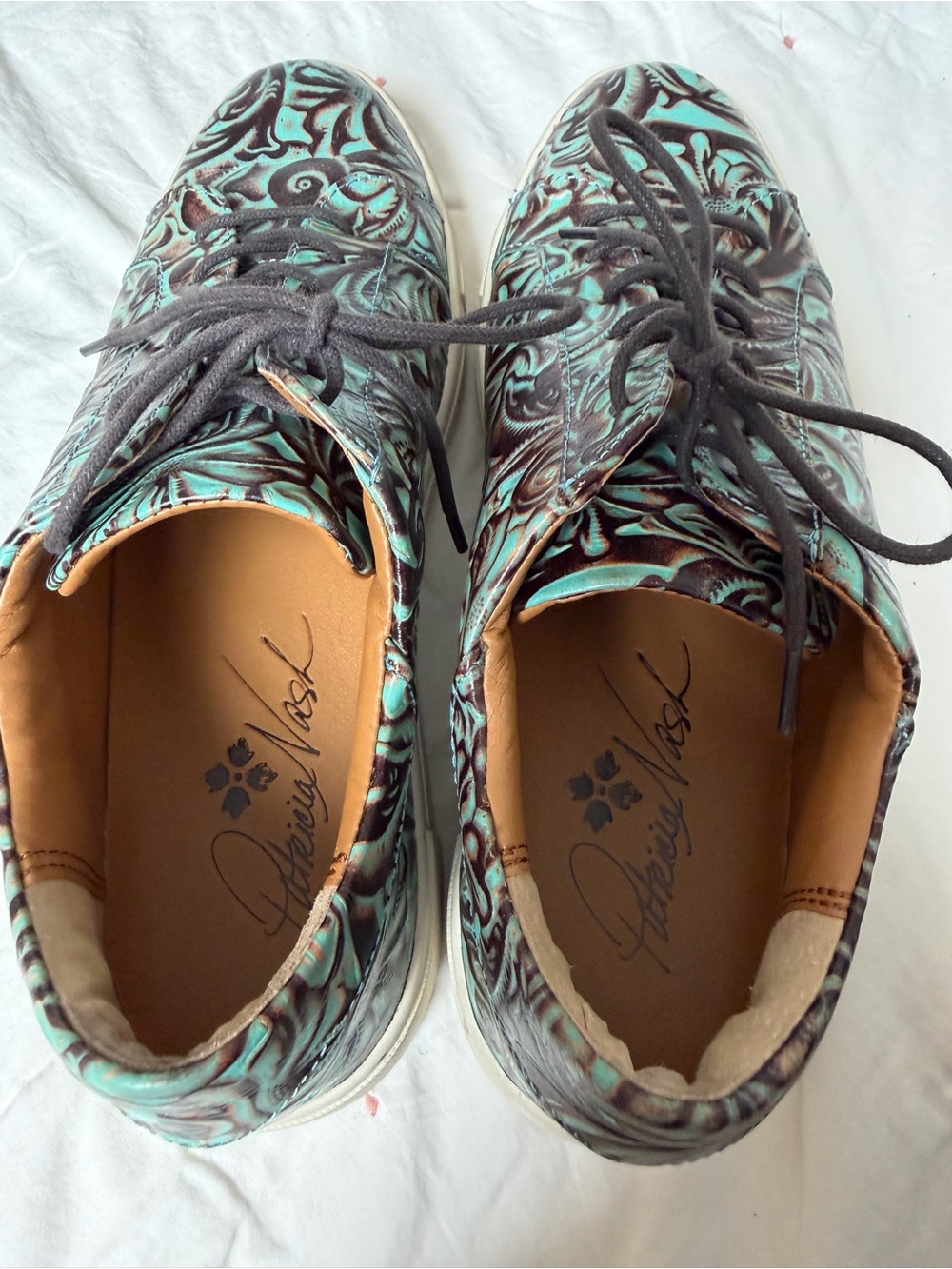 Patricia Nash Turquoise and Black Embossed Leather Sneakers - Picture 4 of 5